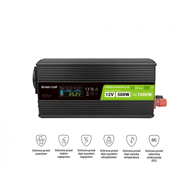 Green Cell Przetwornica napicia PowerInverter LCD 12 V 500W/1000W Przetwornica samochodowa z wywietlaczem - czysty sinus power adapter/inverter Auto Black Green Cell Przetwornica napicia PowerInverter LCD 12 V 500W/1000W Przetwornica samochodowa z wywietlaczem - czysty sinus power adapter/inverter Auto Black