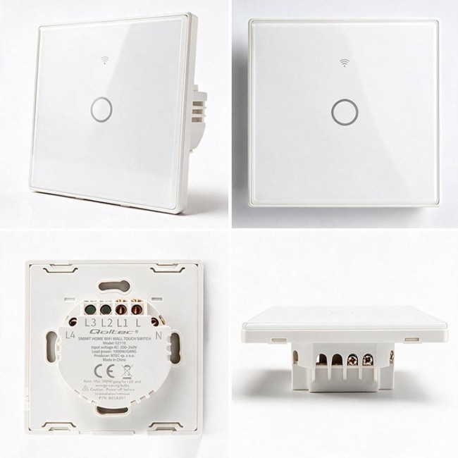 Qoltec 52715 Smart Touch 1-Gang Light Switch | Wi-Fi | Timer | Tuya | Smart Life | Tempered Glass | White