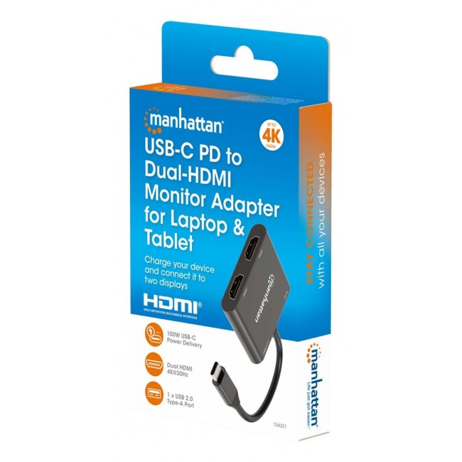 Manhattan USB-C to Dual HDMI and USB-A Adapter, Dual 4K@30Hz or Single 4K@60Hz, USB 2.0 USB-A Port (480 Mbps), Up to 100W USB-C Power Delivery Pass-Through, 15cm Cable, Black, Three Year Warranty