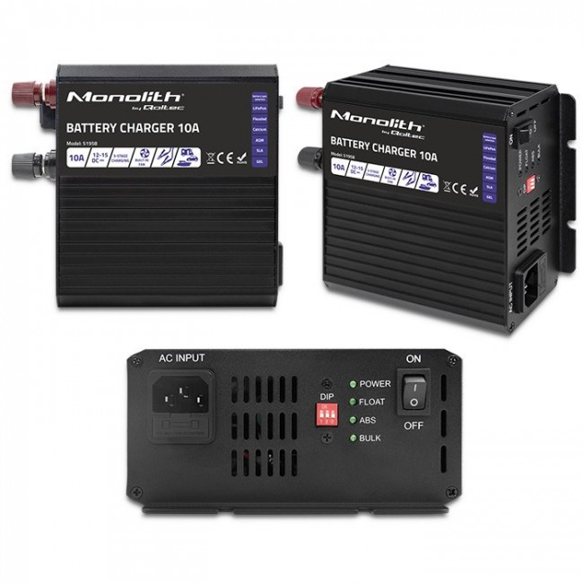 Qoltec 51958 Smart Monolith charger for LiFePO4 AGM GEL SLA batteries | 10A | 12V
