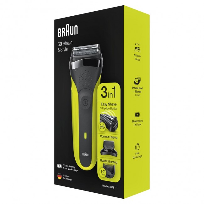 Braun Series 3 Shave&Style 300BT Electric Shaver, Razor for Men, Black/Volt Green Braun Series 3 Shave&Style 300BT Electric Shaver, Razor for Men, Black/Volt Green
