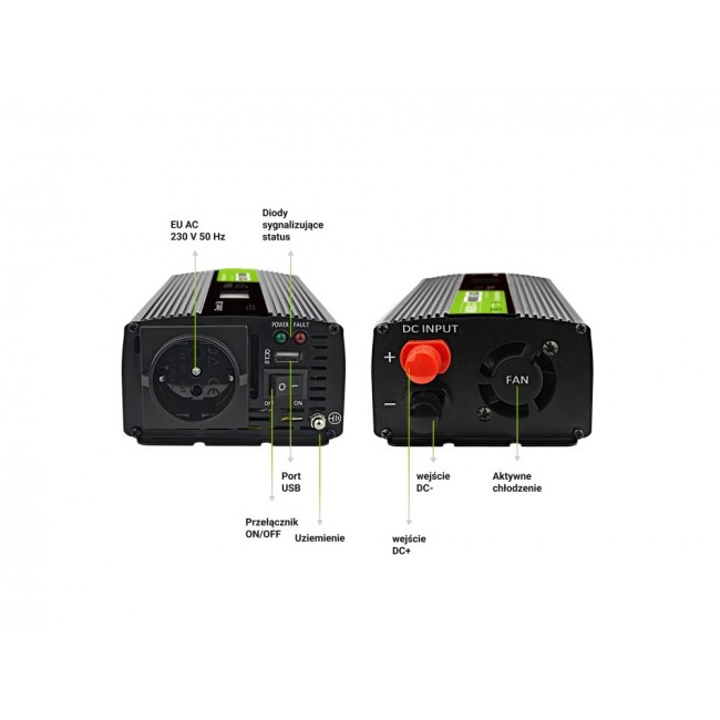 Green Cell Przetwornica napicia PowerInverter LCD 12 V 500W/1000W Przetwornica samochodowa z wywietlaczem - czysty sinus power adapter/inverter Auto Black Green Cell Przetwornica napicia PowerInverter LCD 12 V 500W/1000W Przetwornica samochodowa z wywietlaczem - czysty sinus power adapter/inverter Auto Black
