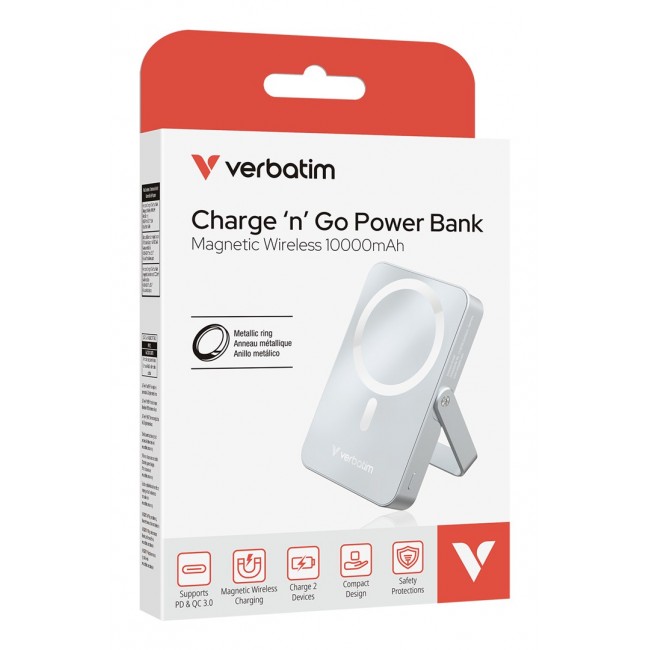 Verbatim Charge 'n' Go Magnetic Wireless Power Bank with stand - 10000 mAh Blue