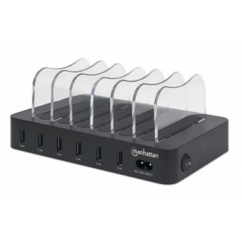 Manhattan Charging Station, 6x USB-A Ports, Outputs: 6x 2.4A, Smart IC, LED Indicator Lights, Black, Three Year Warranty