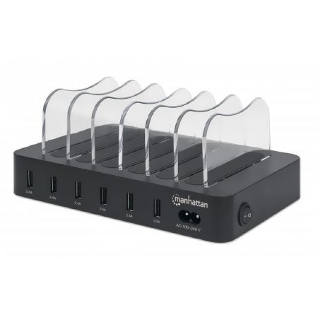 Manhattan Charging Station, 6x USB-A Ports, Outputs: 6x 2.4A, Smart IC, LED Indicator Lights, Black, Three Year Warranty