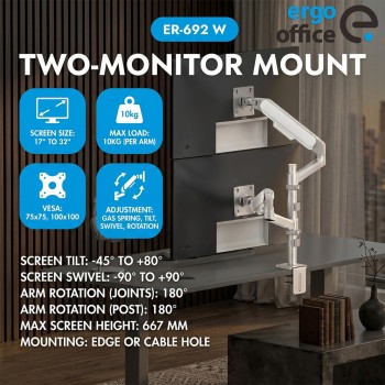 Ergo Office Mount/Hanger for 2 Monitors, Gas Spring, 17