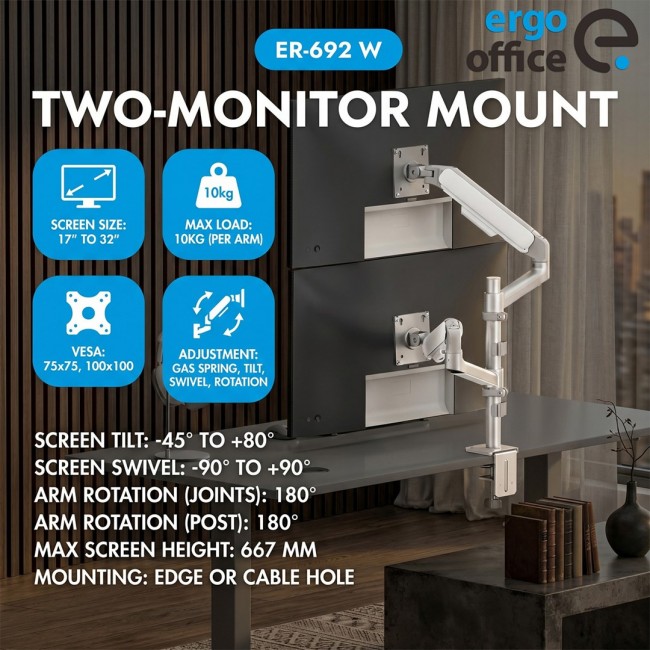 Ergo Office Mount/Hanger for 2 Monitors, Gas Spring, 17 Ergo Office Mount/Hanger for 2 Monitors, Gas Spring, 17