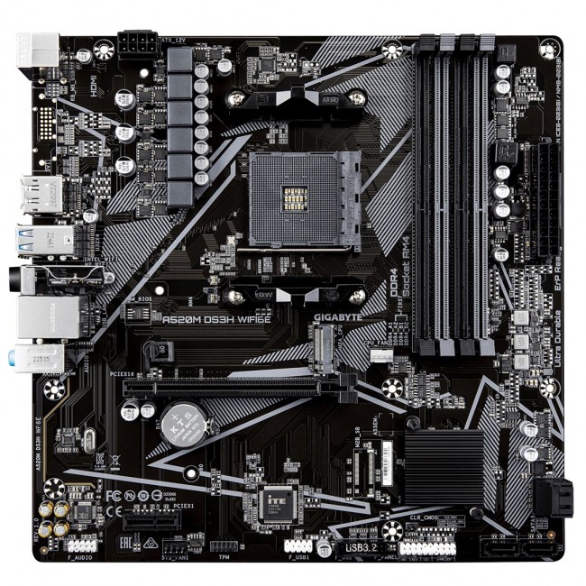 GIGABYTE A520M DS3H WIFI6E Motherboard - Supports AMD Ryzen 5000 Series AM4 CPUs, up to 4733MHz DDR4 (OC), 1xPCIe 3.0 M.2, WIFI 6E, GbE LAN, USB 3.2 Gen 1