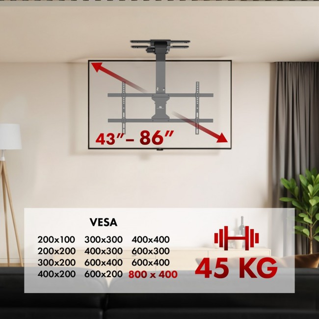 Maclean electric TV mount, ceiling mount, Tuya support, max. VESA 800x400, for TV 43-86
