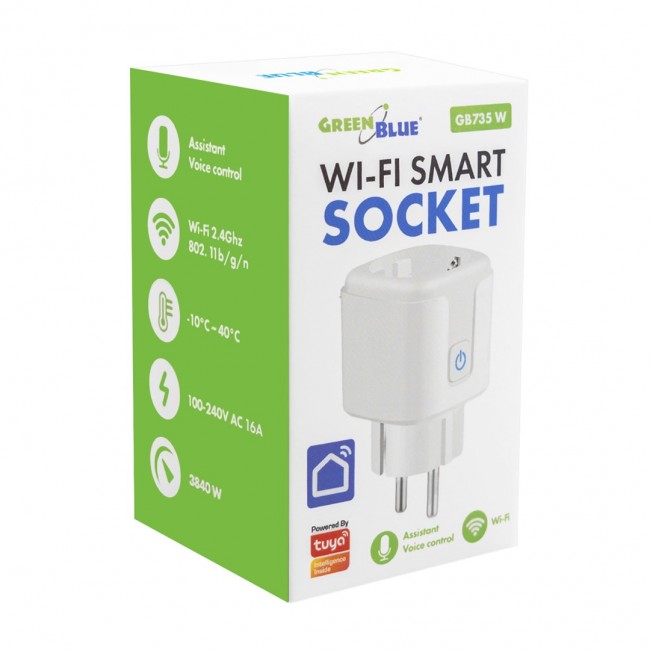 GreenBlue Remote-Controlled WiFi Outlet, Android/iOS/Alexa/Google Home, Timer, Wattmeter, Max 16A/3840W, GB735 W