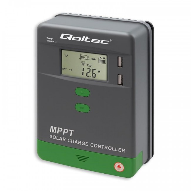 Qoltec Solarny regulator adowania MPPT z czujnikiem temperatury 10A |12V / 24V | LCD | 2 x USB | GEL | LiFePO4