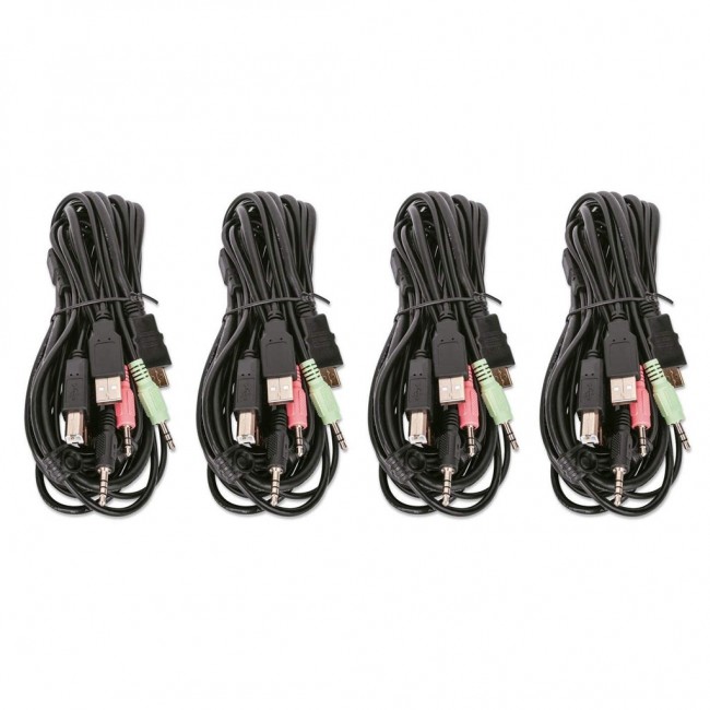 Manhattan HDMI KVM Switch 4-Port, 4K@30Hz, USB-A/3.5mm Audio/Mic Connections, Cables included, Audio Support, Control 4x computers from one pc/mouse/screen, USB Powered, Black, Three Year Warranty