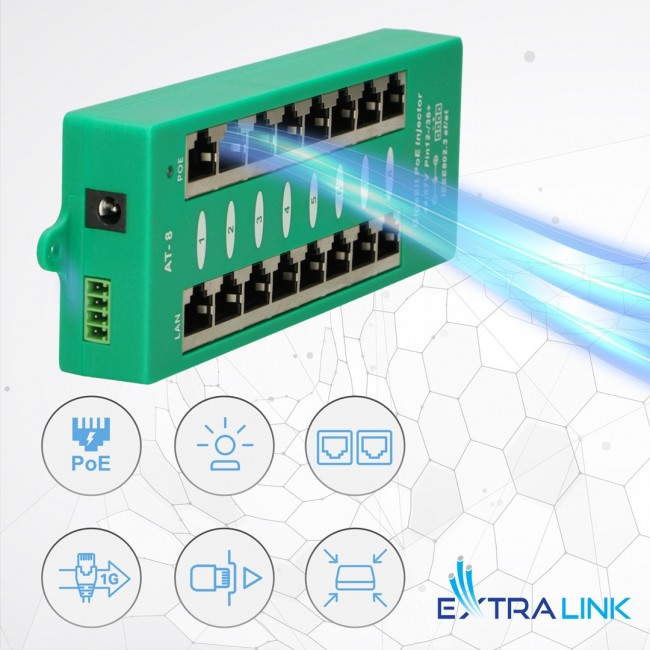 Extralink Gigabit PoE Injector 8 Port Active, 8 ports Gigabit 802.3at/af, Mode A Extralink Gigabit PoE Injector 8 Port Active, 8 ports Gigabit 802.3at/af, Mode A