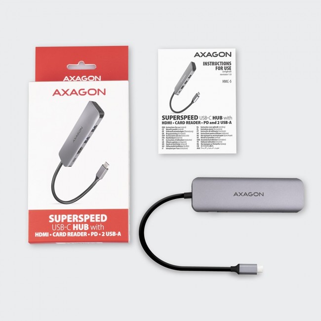 Axagon HMC-5 USB 3.2 Gen 1 hub, 2x USB-A, HDMI, SD/microSD, PD 100W, 20cm USB-C cable