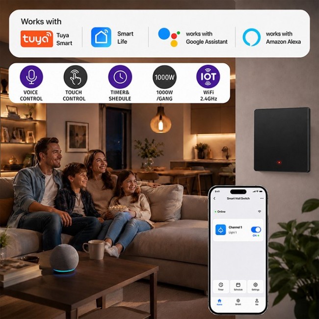 Qoltec 52722 Smart 1-Gang Light Switch | Wi-Fi | Timer | Tuya | Smart life | Black