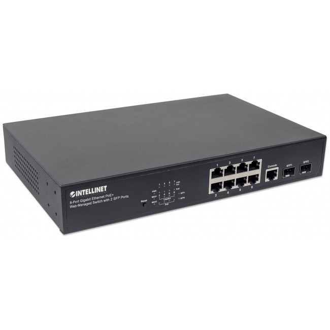 Intellinet 8-Port Gigabit Ethernet PoE+ Web-Managed Switch with 2 SFP Ports, IEEE 802.3at/af Power over Ethernet (PoE+/PoE) Compliant, 140 W, Endspan, Desktop, 19