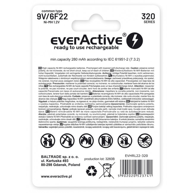 Rechargeable batteries everActive Ni-MH 6F22 9V 320 mAh Professional Line