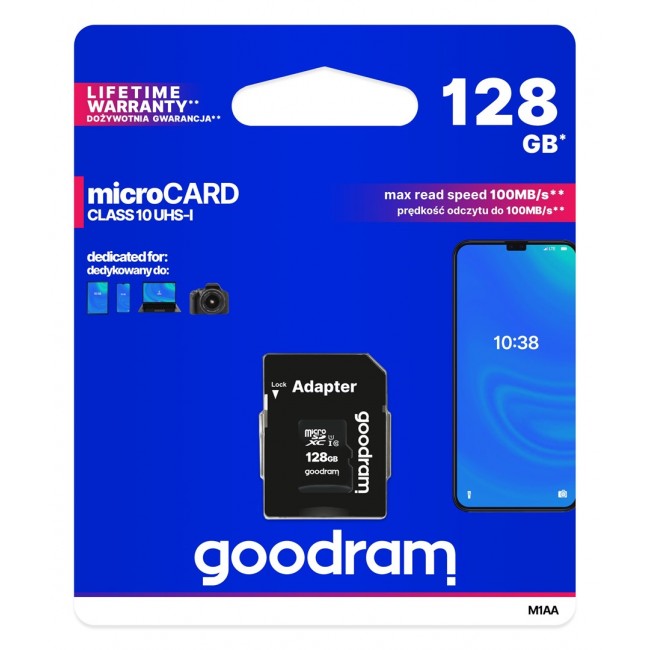 Goodram M1AA-1280R12 memory card 128 GB MicroSDXC Class 10 UHS-I Goodram M1AA-1280R12 memory card 128 GB MicroSDXC Class 10 UHS-I