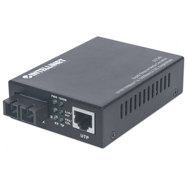 Intellinet Gigabit Ethernet Single Mode Media Converter, 10/100/1000Base-T to 1000Base-Lx (SC) Single-Mode, 20km (Euro 2-pin plug)
