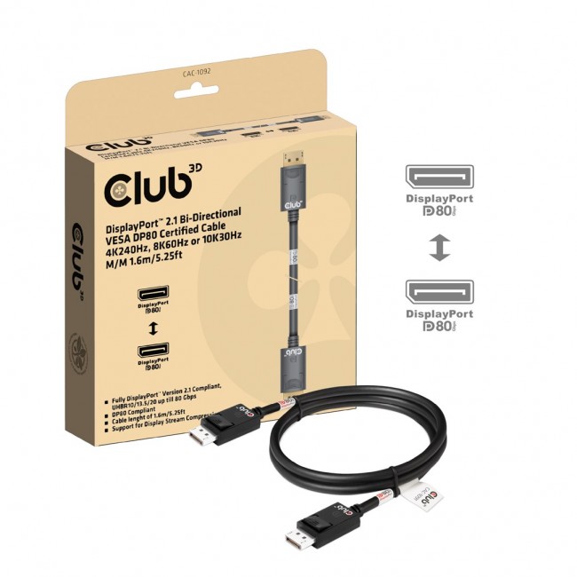 CLUB3D DisplayPort 2.1 Bi-Directional VESA DP80 Certified Cable 4K240Hz, 8K60Hz or 10K60Hz M/M 1.6m/5.25ft