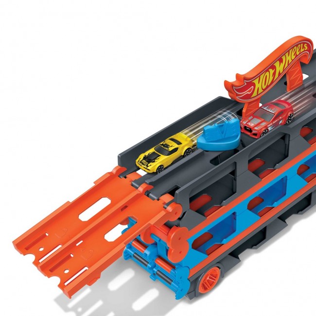 2-in-1 race track transporter, toy vehicle for kids
