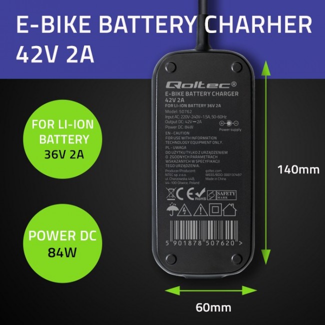 Qoltec Szybka adowarka Pro do roweru elektrycznego Bosch 36V | 42V | 2A | Bosch plug | wodoodporna +kabel zasilający