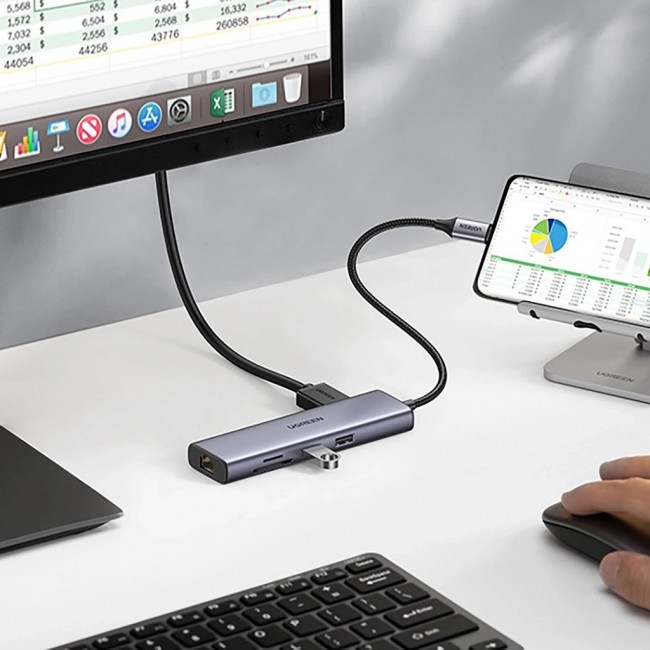 Ugreen CM512 90568 USB-C adapter 2 USB-A 3.0 / HDMI / RJ45 / SD and TF card reader / USB-C PD 100 W Grey