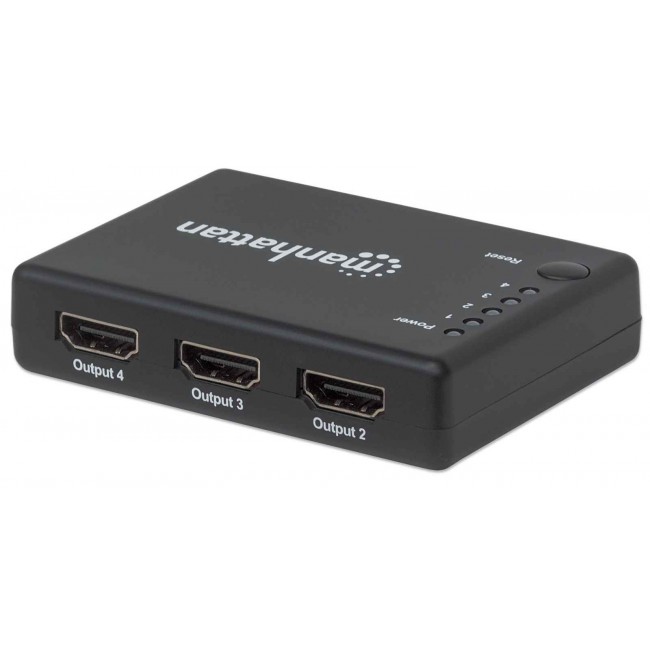 Manhattan HDMI Splitter 4-Port (Compact), 4K@30Hz, Displays output from x1 HDMI source to x4 HD displays (same output to four displays), AC Powered (cable 0.7m), Black, Three Year Warranty