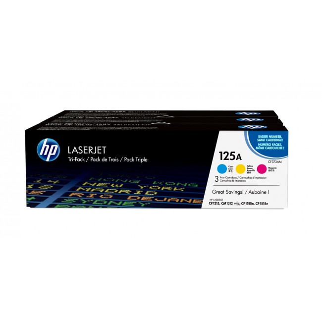 HP 125A 3-pack Cyan/Magenta/Yellow Original LaserJet Toner Cartridges HP 125A 3-pack Cyan/Magenta/Yellow Original LaserJet Toner Cartridges