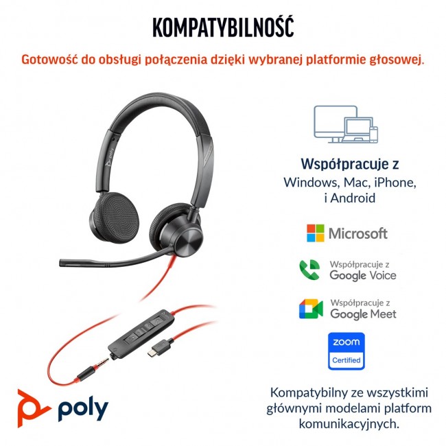 Wired Headset POLY Blackwire 3325 Stereo Microsoft Teams Certified USB-C Headset with 3.5mm Plug and USB-C/A Adapter