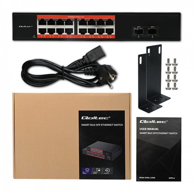 Qoltec Prze ącznik sieciowy SWITCH Gigabit Ethernet | 16x RJ45 | 2x SFP | 1000 Mb/s