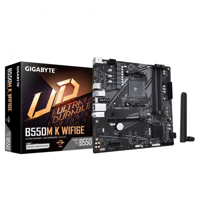 GIGABYTE B550M K WIFI6E Motherboard - AMD Ryzen 5000 CPUs, up to 4733MHz DDR4, 1xPCIe 4.0 + 1xPCIe 3.0 M.2, WIFI 6E, 1GbE LAN, USB 3.2 Gen 1 GIGABYTE B550M K WIFI6E Motherboard - AMD Ryzen 5000 CPUs, up to 4733MHz DDR4, 1xPCIe 4.0 + 1xPCIe 3.0 M.2, WIFI 6E, 1GbE LAN, USB 3.2 Gen 1
