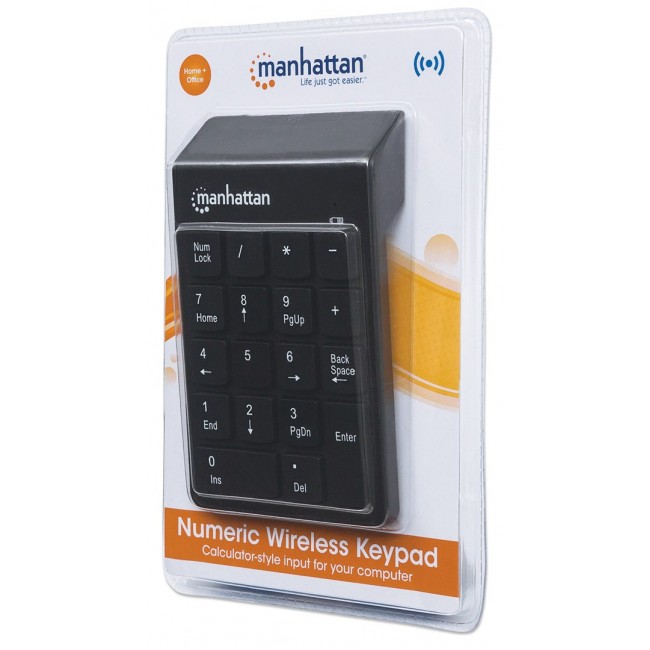 Manhattan Numeric Keypad, Wireless (2.4GHz), USB-A Micro Receiver, 18 Full Size Keys, Black, Membrane Key Switches, Auto Power Management, Range 10m, AAA Battery (included), Windows and Mac, Three Year Warranty, Blister