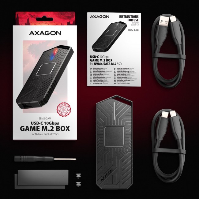 Axagon EEM2-GAM, USB-C 10Gbps - NVMe & SATA SSD GAME M.2 box, bezšroubkov SSD enclosure Black Axagon EEM2-GAM, USB-C 10Gbps - NVMe & SATA SSD GAME M.2 box, bezšroubkov SSD enclosure Black