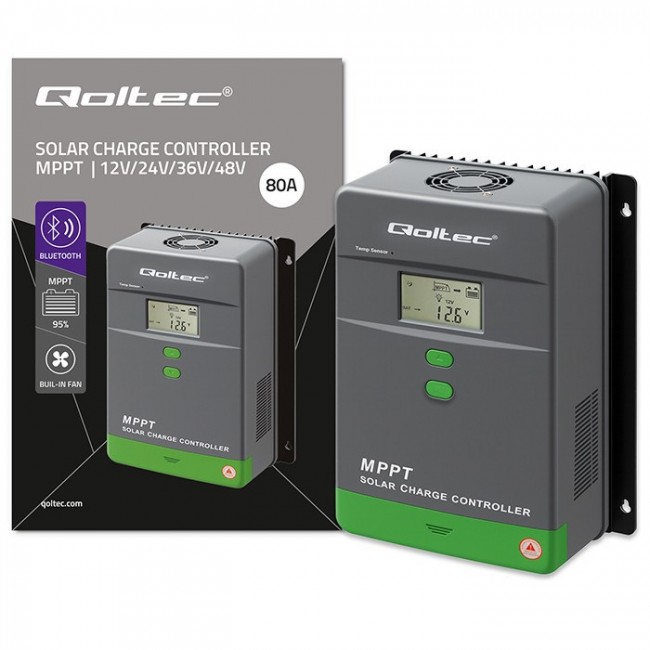 Qoltec Solarny regulator adowania MPPT z czujnikiem temperatury 80A |12V / 24V / 36V / 48V | LCD | Bluetooth | APP | GEL | LiFePO4