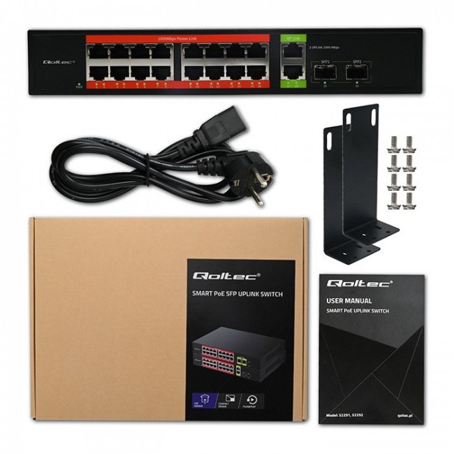 Qoltec Prze ącznik sieciowy SWITCH Gigabit Ethernet PoE | 16x RJ45 | 2x RJ45 Uplink | 2x SFP | 1000Mb/s Qoltec Prze ącznik sieciowy SWITCH Gigabit Ethernet PoE | 16x RJ45 | 2x RJ45 Uplink | 2x SFP | 1000Mb/s