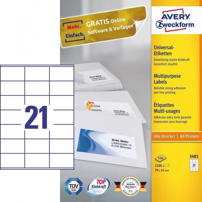 Avery 3481 self-adhesive label Rectangle Permanent White 2100 pc(s) Avery 3481 self-adhesive label Rectangle Permanent White 2100 pc(s)