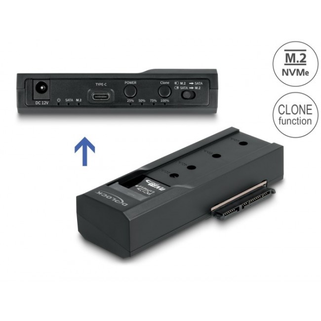 DeLOCK USB Type-C Converter for 1 x M.2 NVMe SSD + 1 x SATA SSD / HDD with Clone Function