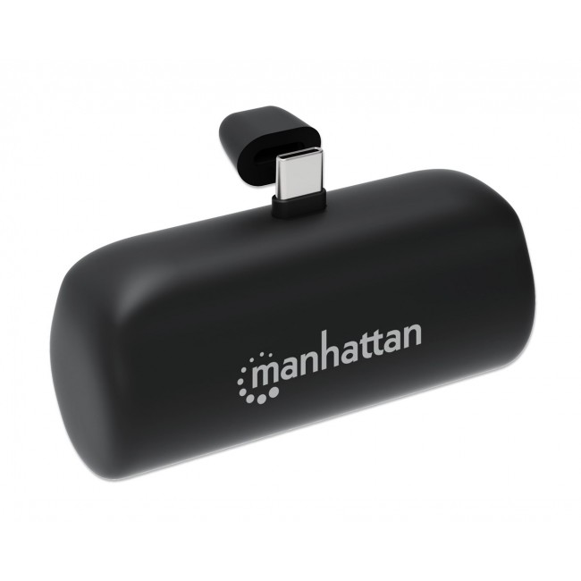 Manhattan Power Bank with integrated USB-C plug, 5000 mAh, Up to 20W output, Kickstand for Use as Charging Phone Holder, Black, One Year Warranty