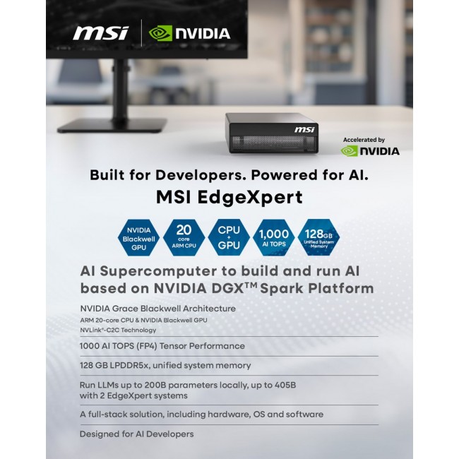MSI EdgeXpert AI Supercomputer Desktop, NVIDIA DGX Spark GB10 Grace Blackwell Architecture, 128GB LPDDR5 Unify Memory, 4TB SSD, ARM CPU, WiFi 7, BT 5.3, NVIDIA DGX OS - EDGEXPERT NVIDIA DGX GB10 128GB 4TB
