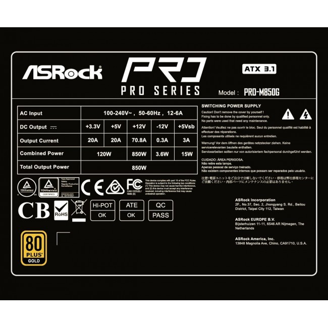 Asrock PRO-M850G 850W 80 PLUS Gold power supply unit