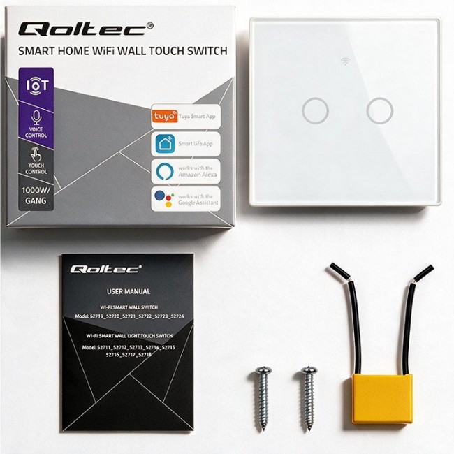 Qoltec 52716 Smart Touch 2-Gang Light Switch | Wi-Fi | Timer | Tuya | Smart Life | Tempered Glass | White