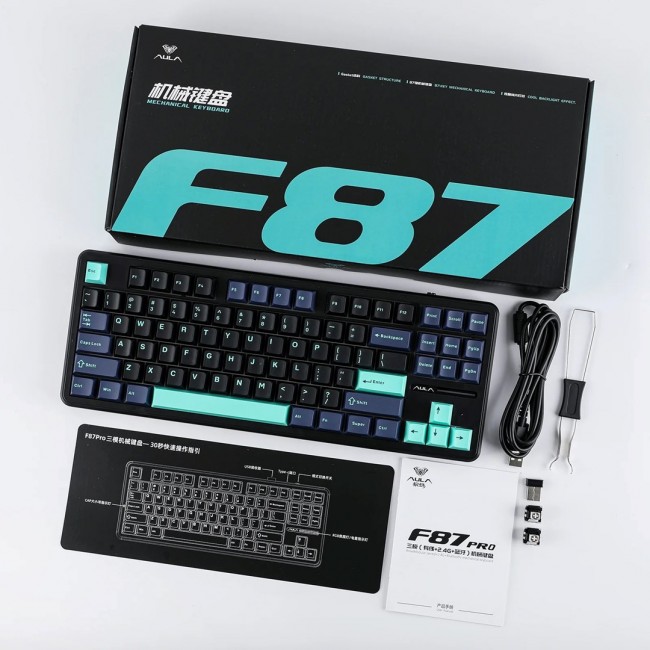 AULA Gasket F87 Pro Keyboard Black Cyan Blue GrayWoodV4 RGB