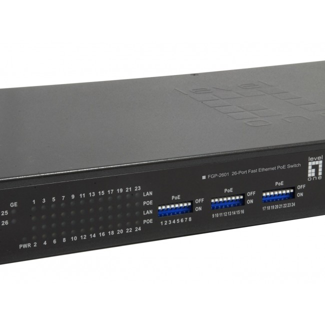 LevelOne 26-Port Fast Ethernet PoE Switch, 24 PoE Outputs, 2 x Gigabit RJ45, 150W