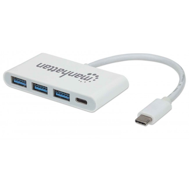 Manhattan USB-C Dock/Hub, Ports (x4): USB-A (x3) and USB-C, 5 Gbps (USB 3.2 Gen1 aka USB 3.0), With Power Delivery (60W) to USB-C Port (Note additional USB-C wall charger and USB-C cable needed), SuperSpeed USB, White, Three Year Warranty, Blister Manhattan USB-C Dock/Hub, Ports (x4): USB-A (x3) and USB-C, 5 Gbps (USB 3.2 Gen1 aka USB 3.0), With Power Delivery (60W) to USB-C Port (Note additional USB-C wall charger and USB-C cable needed), SuperSpeed USB, White, Three Year Warranty, Blister