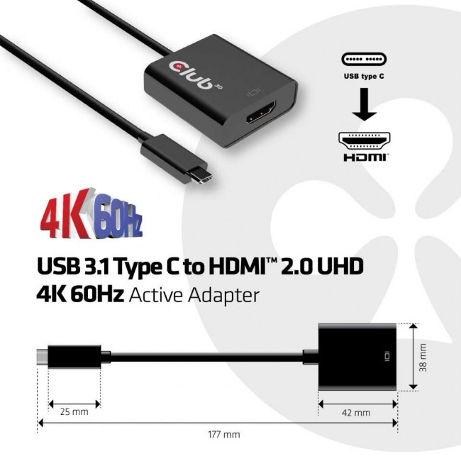 CLUB3D USB 3.1 Type C to HDMI 2.0 UHD 4K 60Hz Active Adapter CLUB3D USB 3.1 Type C to HDMI 2.0 UHD 4K 60Hz Active Adapter