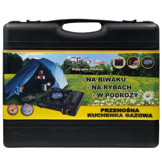 ELICO BDZ-155B Portable camping gas stove for 2.2 kW cartridges, piezo ignition. ELICO BDZ-155B Portable camping gas stove for 2.2 kW cartridges, piezo ignition.
