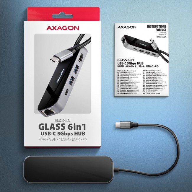 Axagon HMC-6GLN USB 5Gbps hub, 2x USB-A, USB-C, HDMI 4k/60Hz, RJ-45, PD 100W, USB-C cable