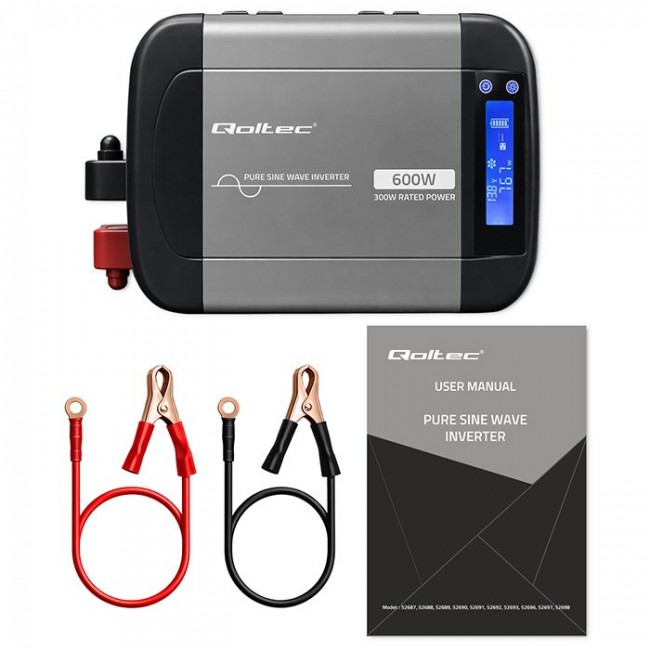 Qoltec Przetwornica napięcia Pure Sine Wave | 12V na 230V | 300/600W | LCD | USB | USB-C | Kompatybilna z LiFePO4 GEL AGM