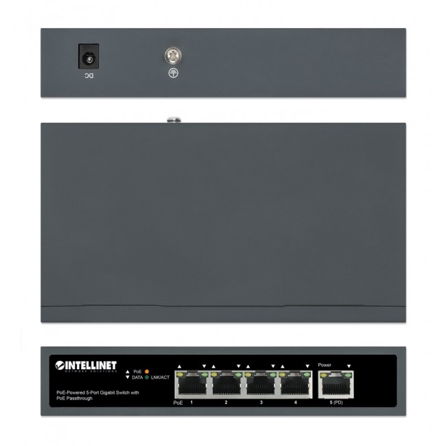 Intellinet 5-Port Gigabit Switch with PoE Passthrough, One IEEE 802.3bt (PoE++ / 4PPoE) PD PoE Port with 95 W Power Input, Four PSE PoE ports, PoE Power Budget up to 65 W, IEEE 802.3at/af Compliant Output, Desktop, Wall-mount Option